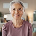 Senior woman, portrait and smile with dental treatment, whitening results and cleaning confidence. Hygiene, mouth health and cosmetics for dentures, oral care and satisfaction for teeth aesthetic