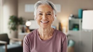 Senior woman, portrait and smile with dental treatment, whitening results and cleaning confidence. Hygiene, mouth health and cosmetics for dentures, oral care and satisfaction for teeth aesthetic